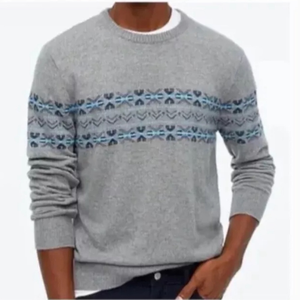 J Crew Factory Lambswool Blend Large Fair Isle Crewneck Sweater Gray pullover